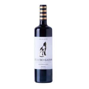 Botella de Cuatro Gatos, vino de autor, sobre fondo negro