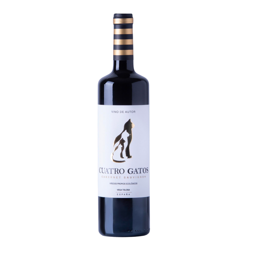 Botella de Cuatro Gatos, vino de autor, sobre fondo negro