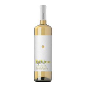 Capricho DiVino Viognier Moscatel semidulce, botella blanca y dorada